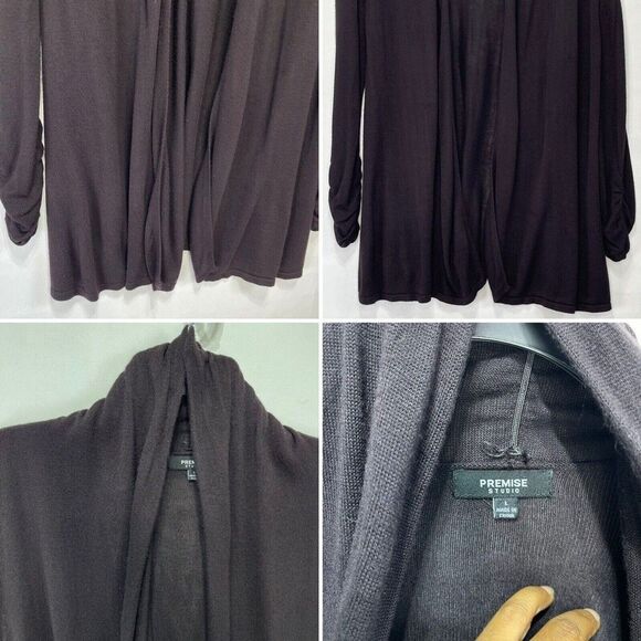 Women Sweater Cardigan Large Brown Open Cowl Neck Ruched Sleeve Premise Studio - Picture 8 of 16